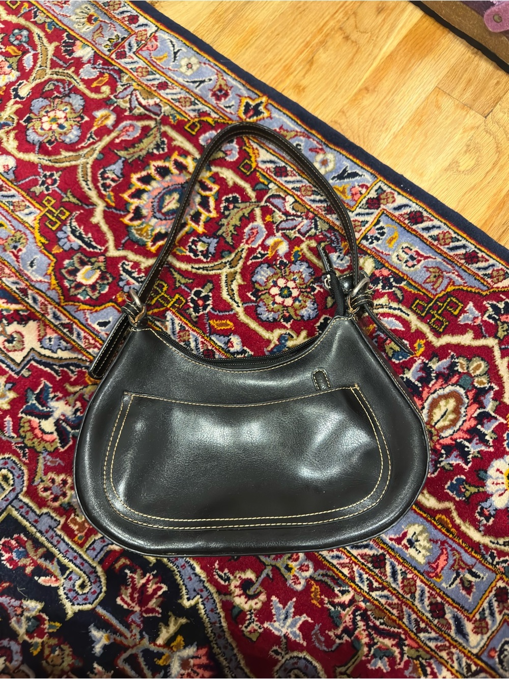 Black Leather Shoulder Bag with Contrast Stitching